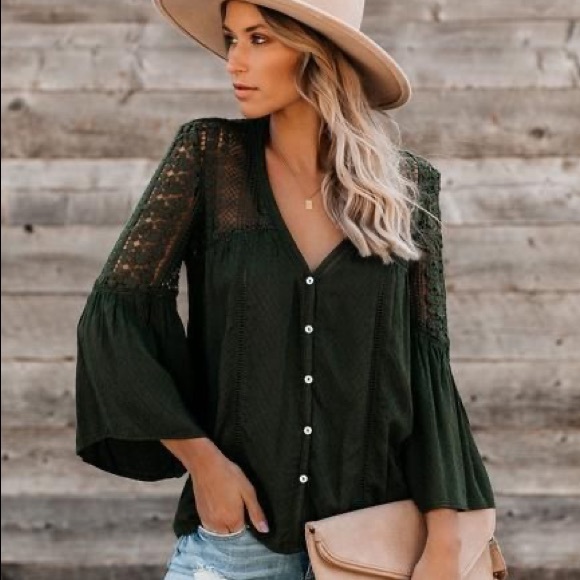 Crochet Blouse Olive Green - Picture 1 of 3
